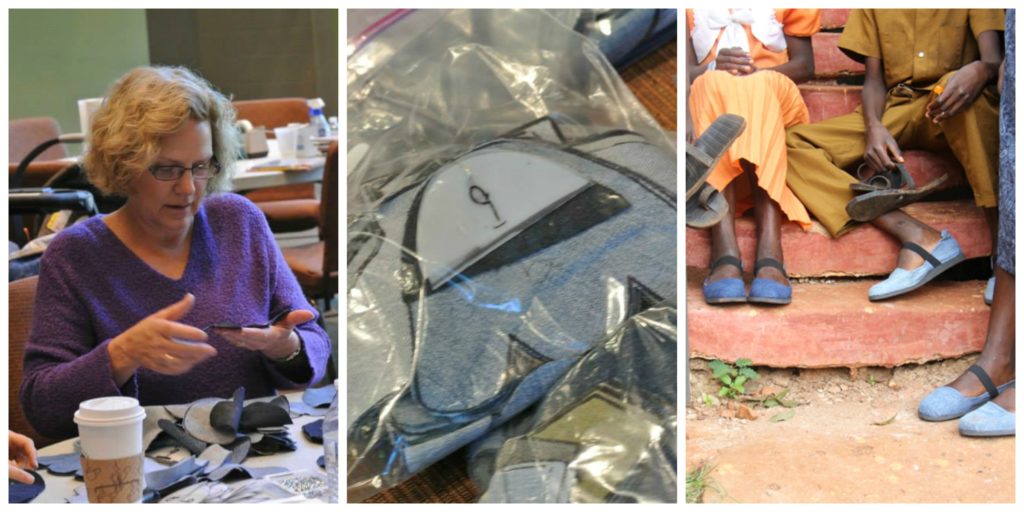 My mom at our shoe cutting party // our completed shoe material packets // Ugandans wearing completed Sole Hope shoes.