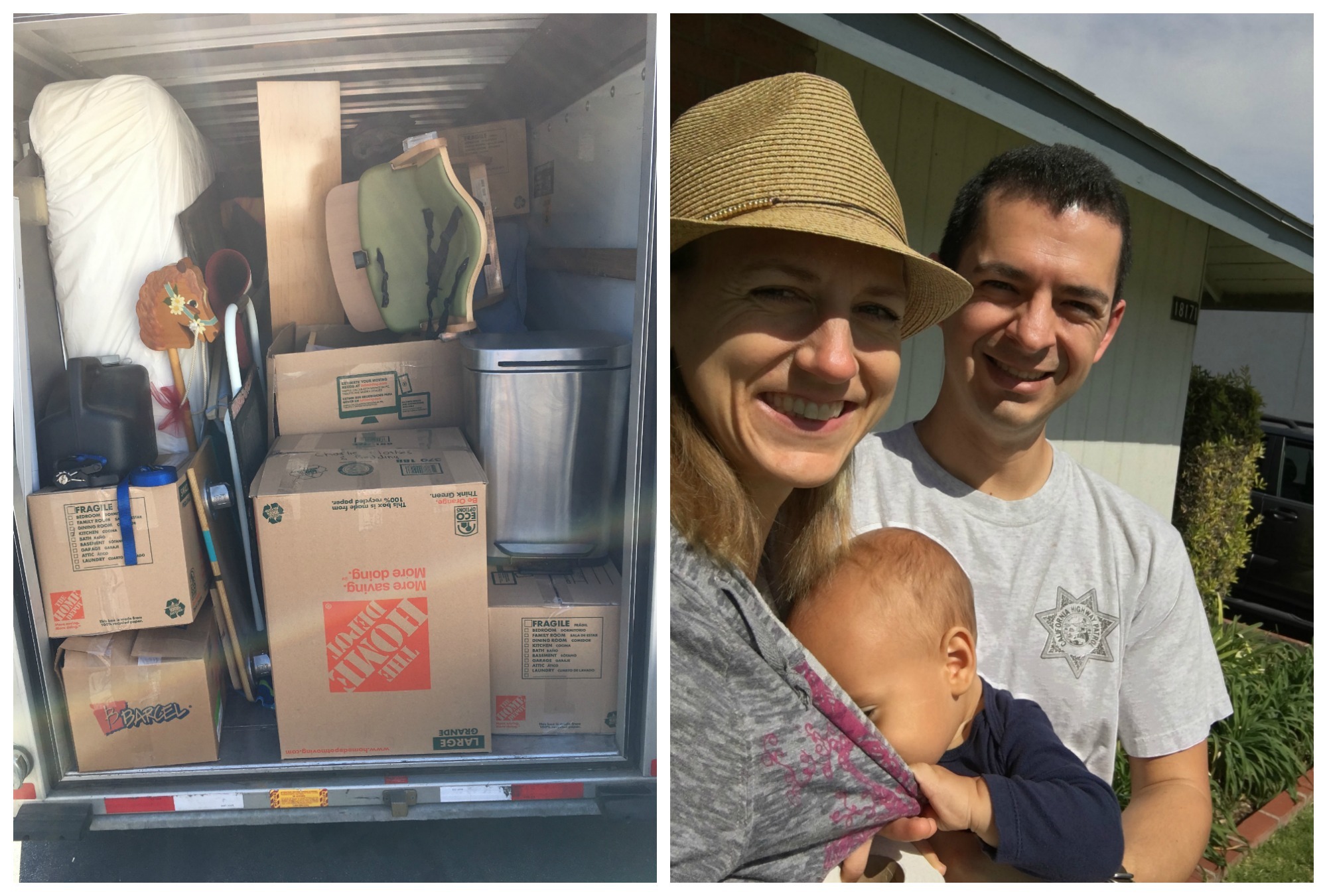 Van loaded and cars ready to go, we tried to get one more family picture in front of our home before we moved out; Charlie was more interested in eating than picture taking.